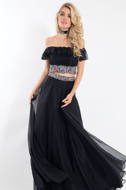 Rachel Allan  - 6010 Two-Piece Off Shoulder Floral Chiffon Dress in Black