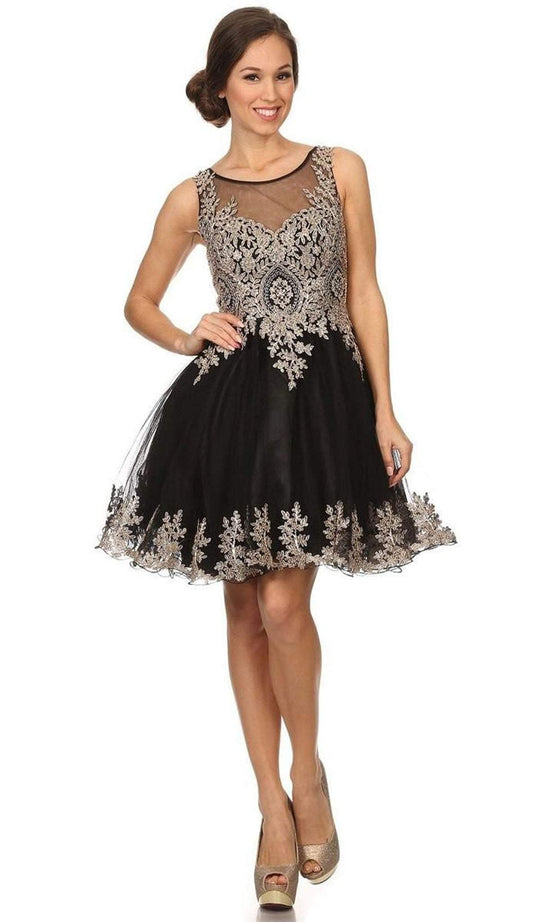 Eureka Fashion - 6012 Illusion Scoop Gilt Embroidered A-Line Dress In Black and Gold
