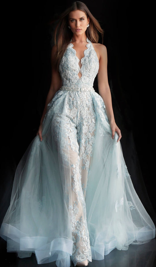 Jovani - 60124 Embellished Lace Halter V-neck Jumpsuit With Overskirt in Blue
