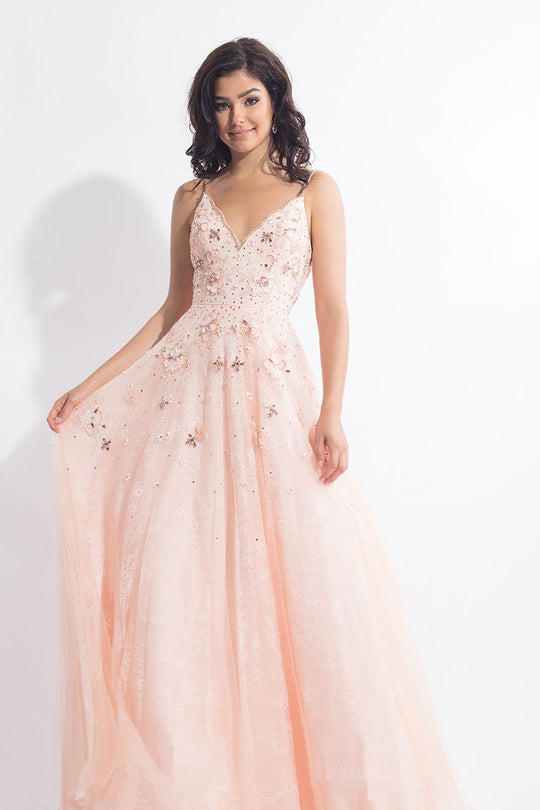 Rachel Allan  - 6012 Floral Ornate Lace A-Line Gown in Pink