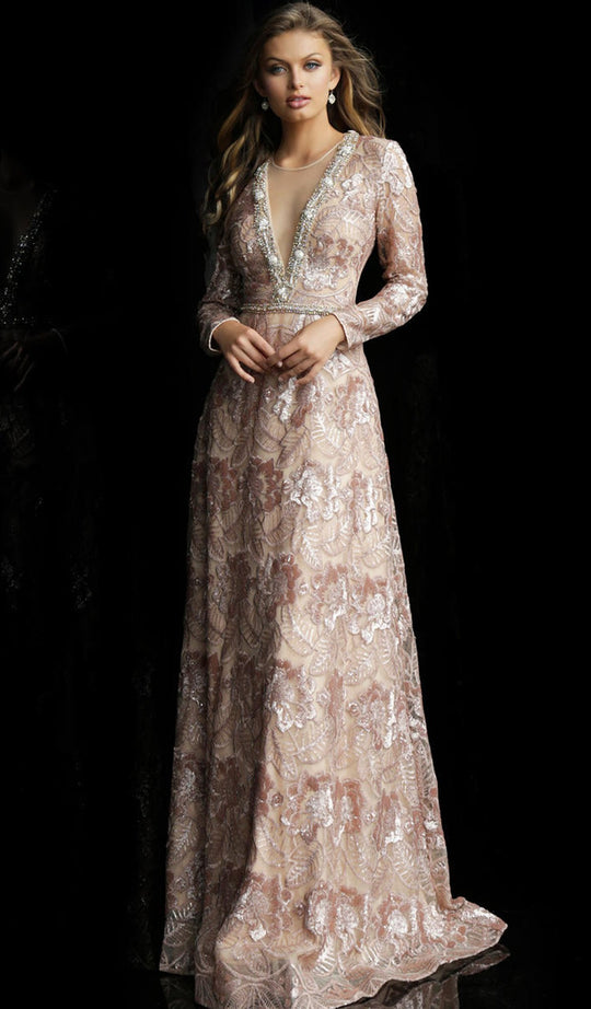 Jovani - 60133 Floral Lace Long Sleeves Dress In Nude