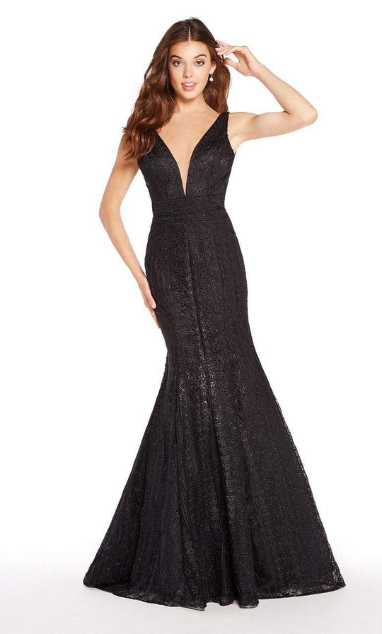 Alyce Paris - 60138 Lace Deep V-neck Trumpet Dress In Black
