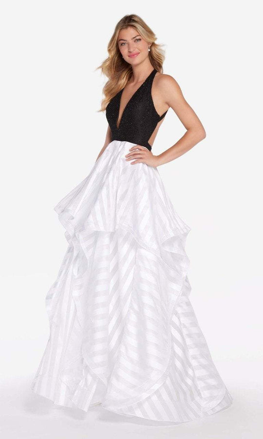 Alyce Paris - 60148 Plunging Halter Neck Tiered Ballgown in Black and White