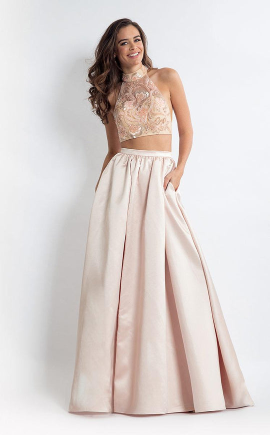 Rachel Allan  - 6014 Sequined Halter A-line Dress in Neutral