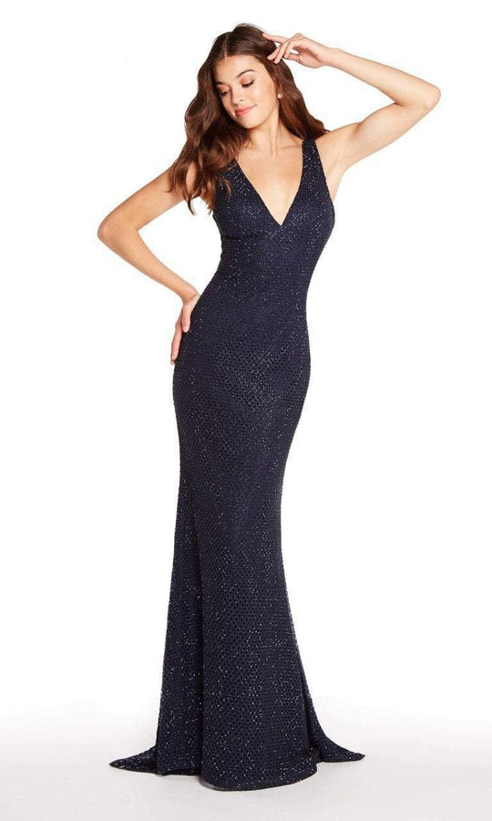 Alyce Paris - 60156 Deep V-Neck Diamond Lace Sheath Gown In Blue