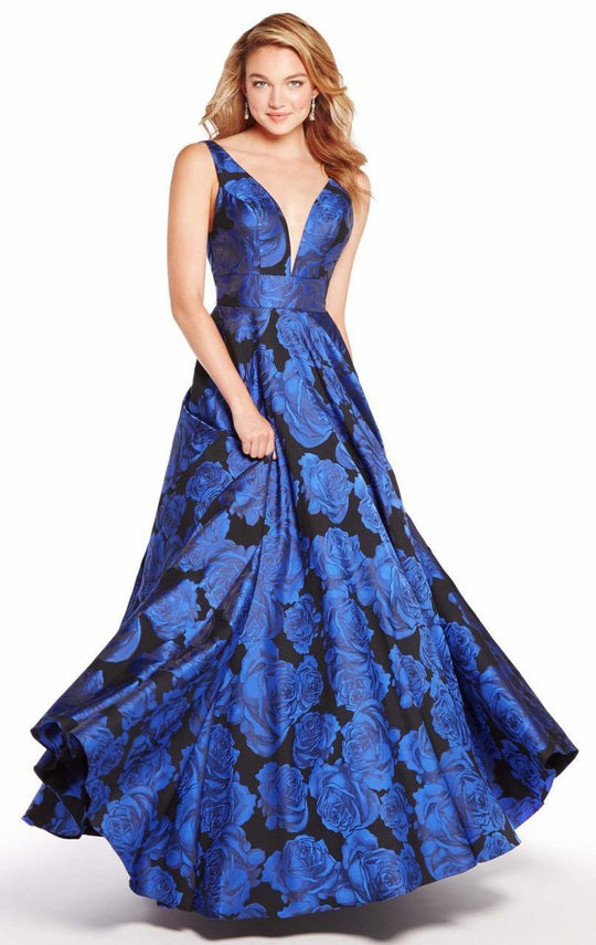 Alyce Paris - 60172 Plunging Floral Sleeveless Evening Gown In Black and Blue