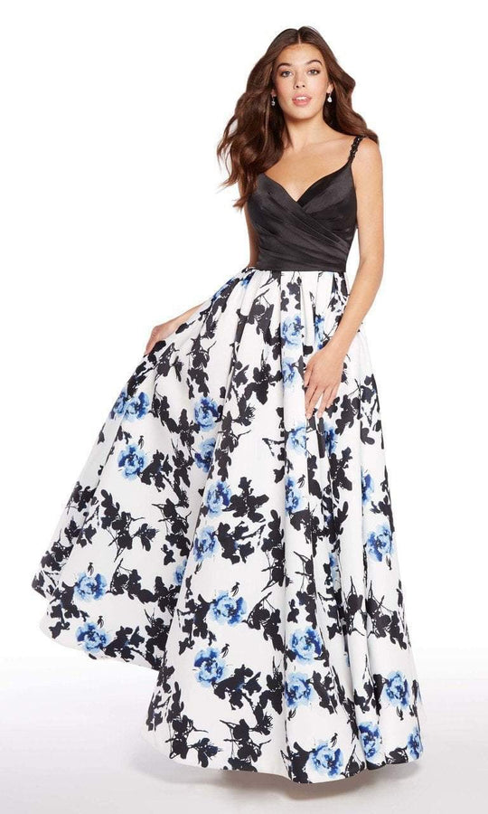 Alyce Paris - 60174 Surplice V-neckline Floral A-line Gown in Black and Blue