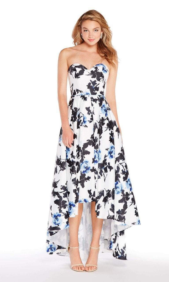 Alyce Paris - 60175 Strapless Floral Print High Low Gown in Black and Blue