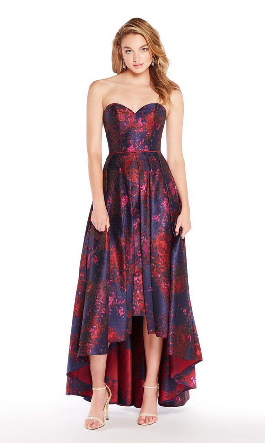 Alyce Paris - 60176 Strapless Sweetheart Print High Low Gown in Blue and Red