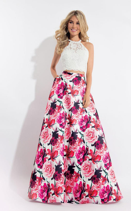 Rachel Allan  - 6017 Two Piece Halter Floral Dress in White and Pink