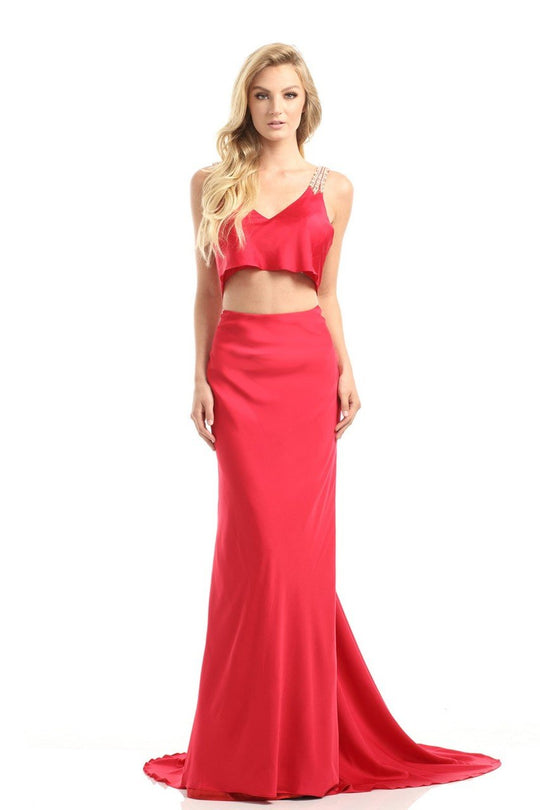 Johnathan Kayne - 6019 Bedazzled V-neck Sheath Dress in Red