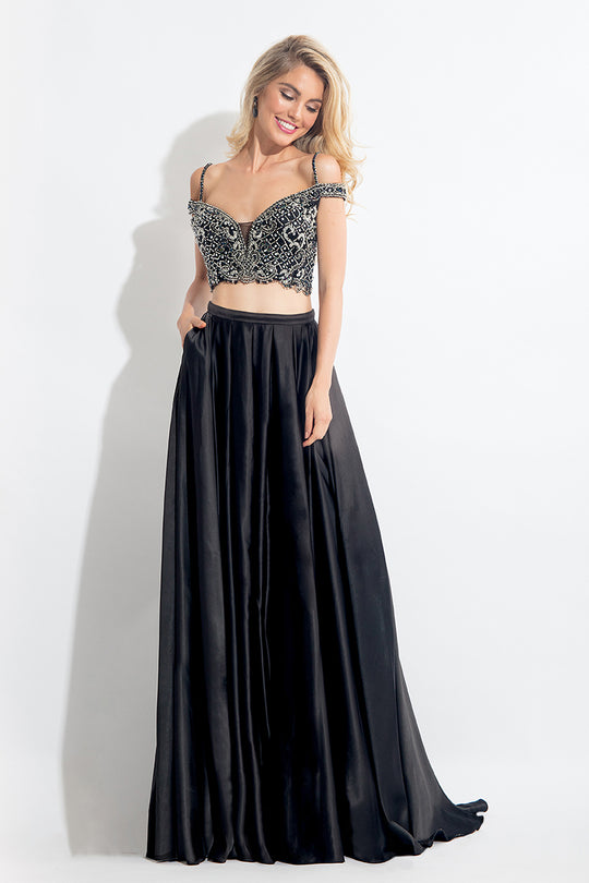 Rachel Allan  - 6020 Beaded V-neck A-line Dress in Black