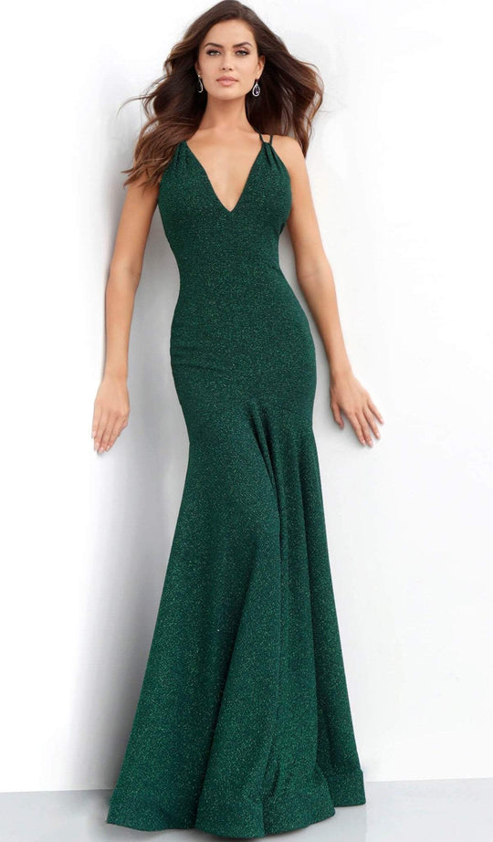 Jovani - 60214 Plunging V-neck Glitter Trumpet Dress in Green