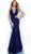 Jovani - 60214 Plunging V-neck Glitter Trumpet Dress in Blue