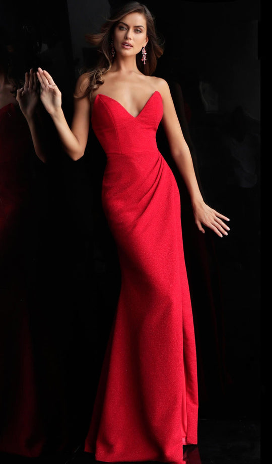 Jovani - 60219 Strapless Plunging V-neck Glitter Sheath Dress In Red