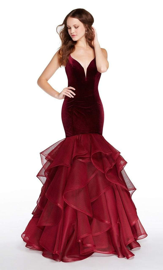 Alyce Paris - 60227 Deep V-neck Velvet Ruffled Mermaid Dress In Red