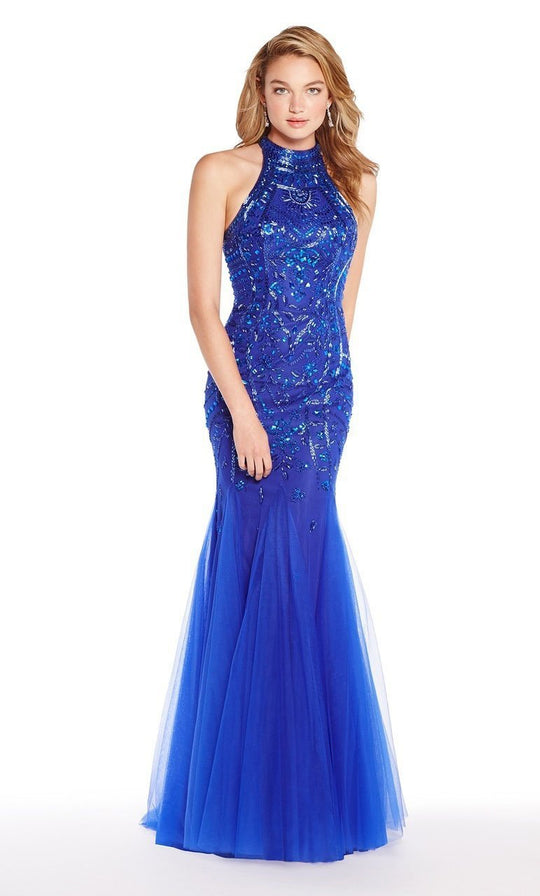 Alyce Paris - 60230 Embellished Halter Tulle Trumpet Dress In Blue