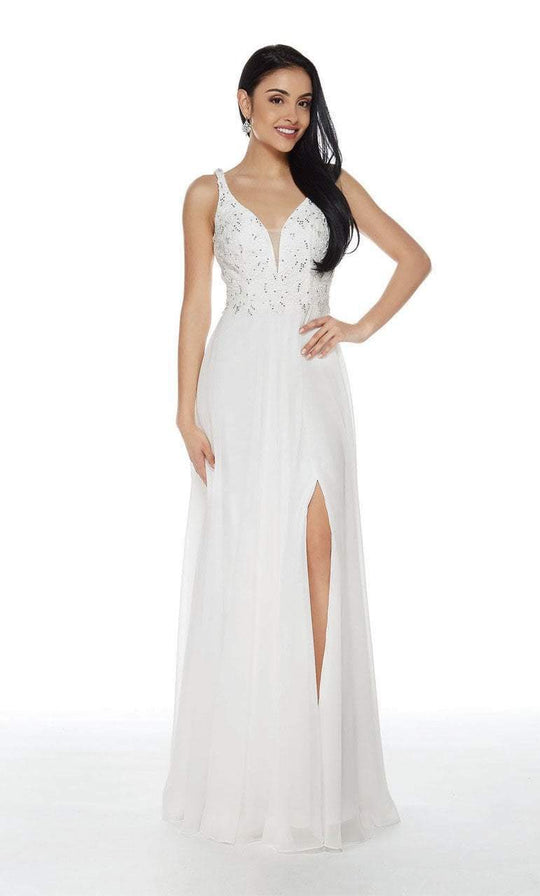 Alyce Paris - 60254 Plunging Beaded A-Line Gown with Slit in White