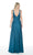 Plunging V-Neck High Slit A-Line Gown in Blue and Green