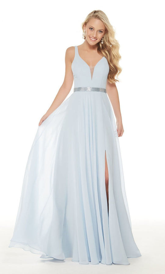 Plunging V-Neck High Slit Chiffon Gown in Blue