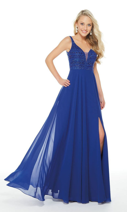 Plunging Beaded Bodice High Slit Gown in Blue