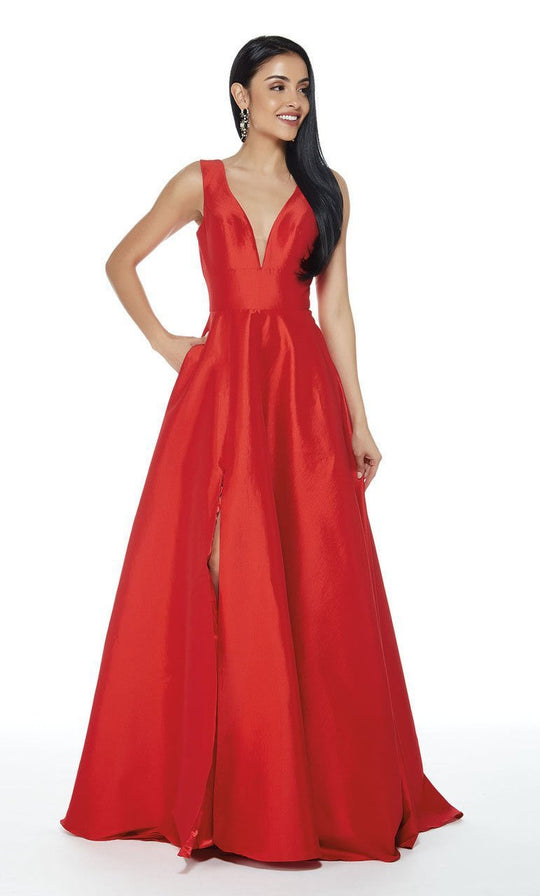 Plunging V-Neck Taffeta High Slit Gown in Red