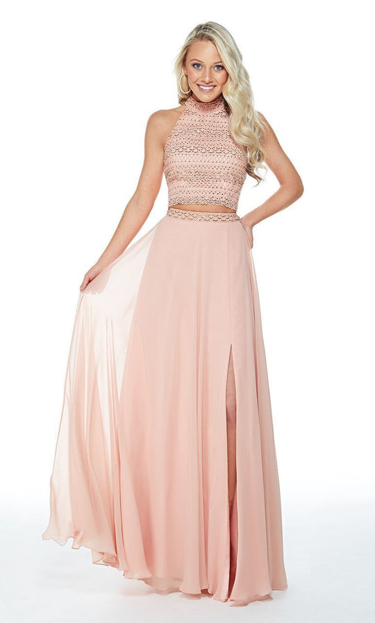 Lace High Halter Chiffon A-line Dress in Pink