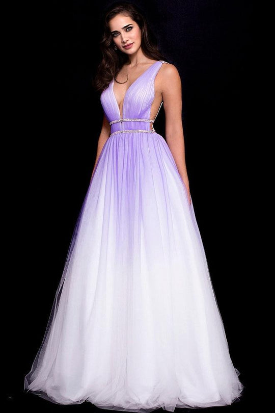 60247 Plunging V-neck Tulle Ombre Gown