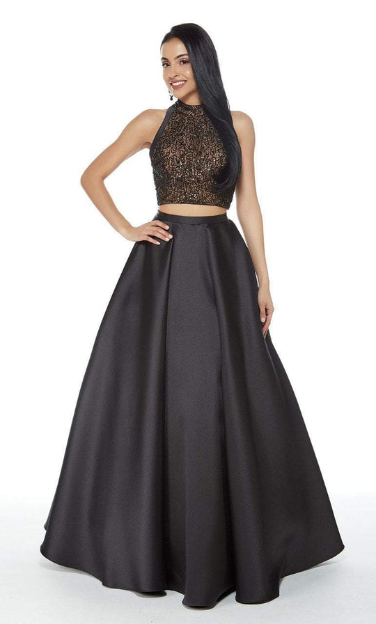 Two Piece Beaded High Halter Mikado Ballgown in Black and Neutral