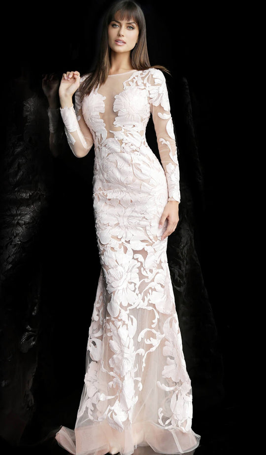 Jovani - 60285 Sequin Floral Embellished Sheer Evening Dress  In White