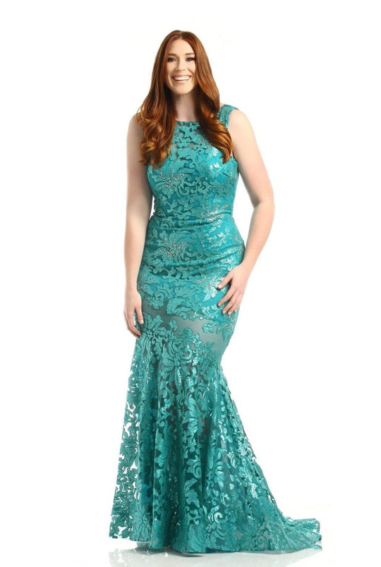 Johnathan Kayne - 6028K Sequined Floral Lace Evening Gown in Green