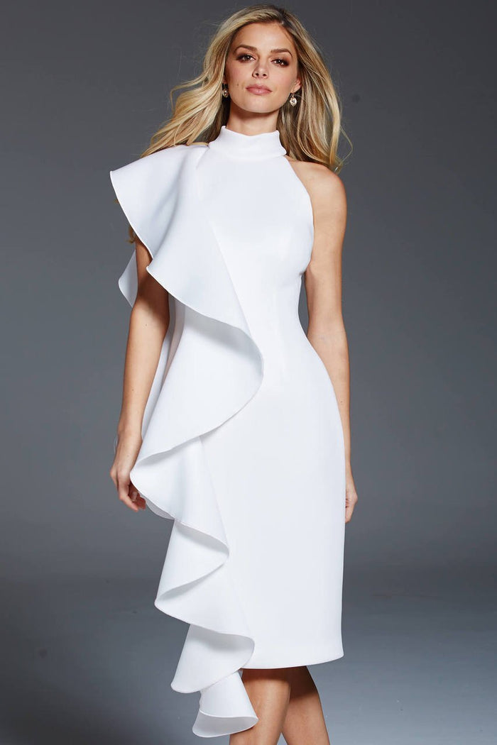 60297 Cascading Ruffled High Neck Dress