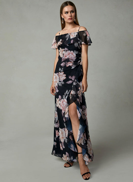 Cachet - 59433 Off Shoulder Floral Print High Slit Gown In Black and Floral