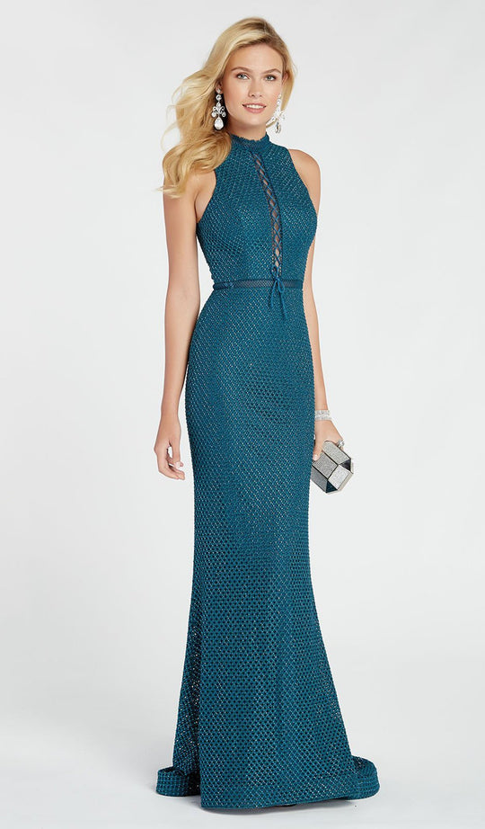 Alyce Paris - 60318 Diamond Lace High Halter Dress With Open Back In Green