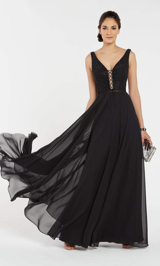 Alyce Paris - 60322 Diamond Lace Deep V-neck Chiffon A-line Dress In Black