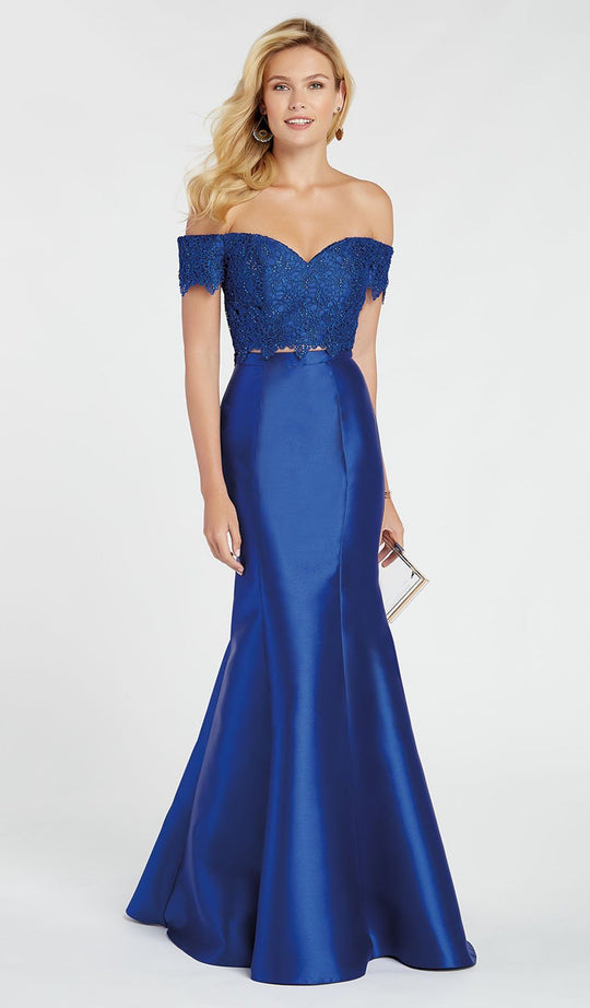 Alyce Paris - 60328 Two Piece Lace Off-Shoulder Mikado Trumpet Dress In Blue