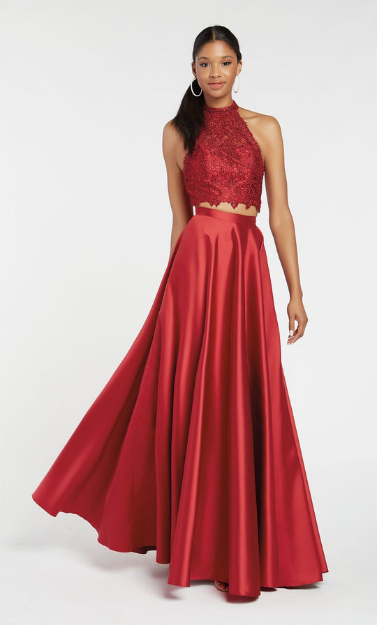 Alyce Paris - 60329 Flowy Two Piece Mikado Lace Prom Gown In Red