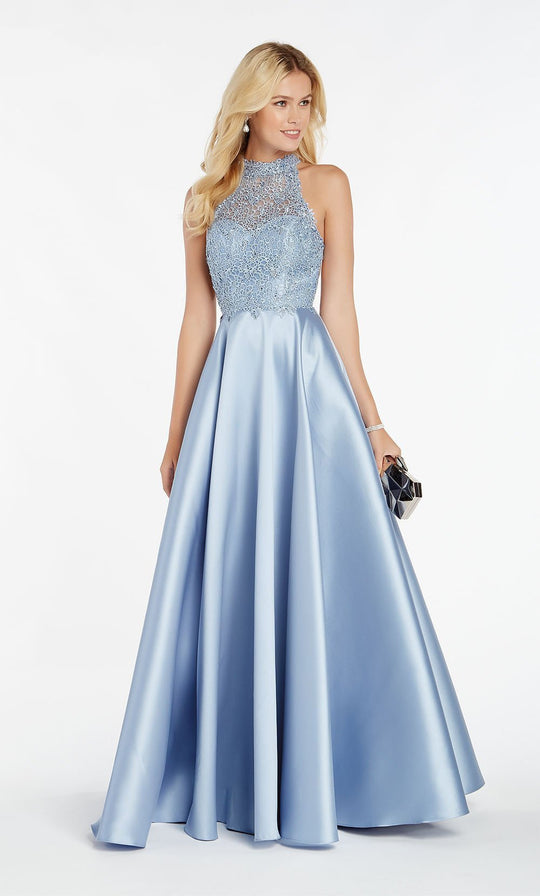 Alyce Paris - 60331 Halter Lace Appliqued Mikado Racerback Prom Gown In Blue
