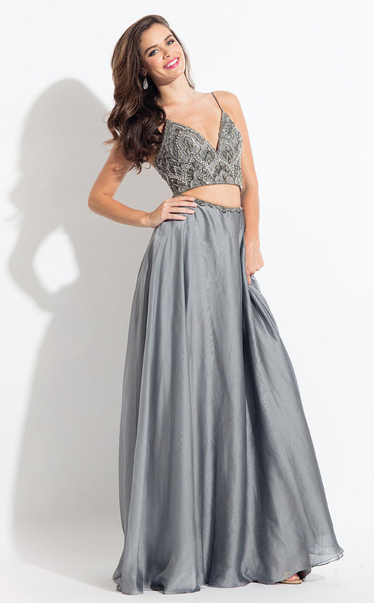 Rachel Allan  - 6034 Two Piece Beaded Chiffon A-line Dress in Gray