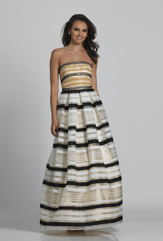 Dave & Johnny - A6034 Strapless Beaded Striped Evening Gown in Black and White