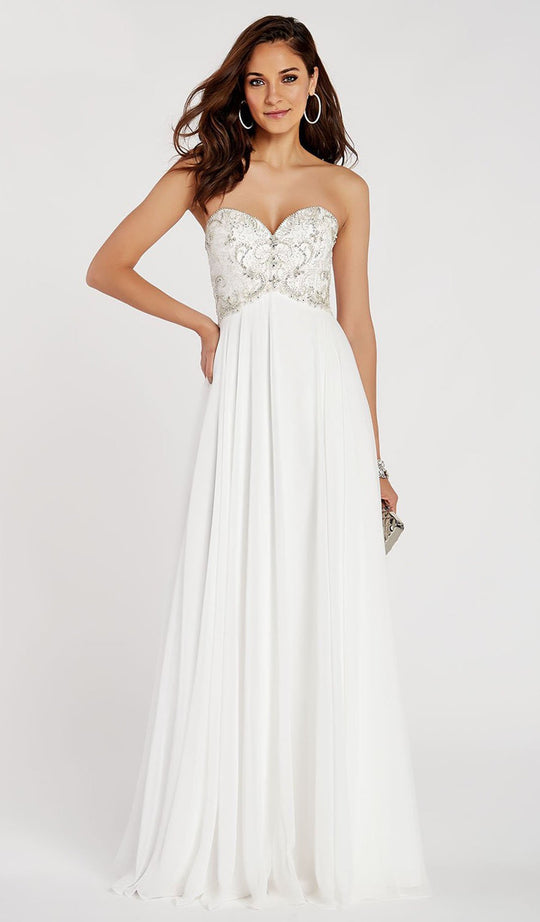 Alyce Paris - 60351 Beaded Strapless Sweetheart Chiffon Gown In White and Silver