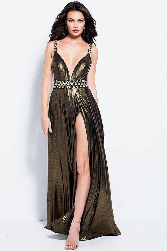 60355 Metallic Plunging V-Neck High Slit Gown