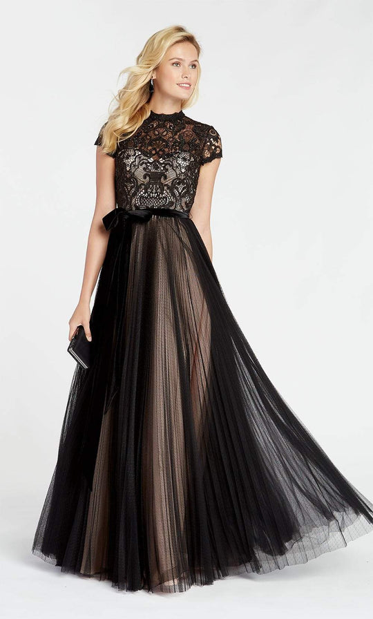 Alyce Paris - 60355 Sheer Lace Bodice Bow Accent Tulle Prom Gown In Black and Pink