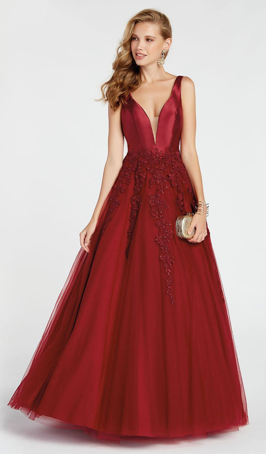 Alyce Paris - 60357 Lace Deep V-neck Tulle A-line Dress In Red