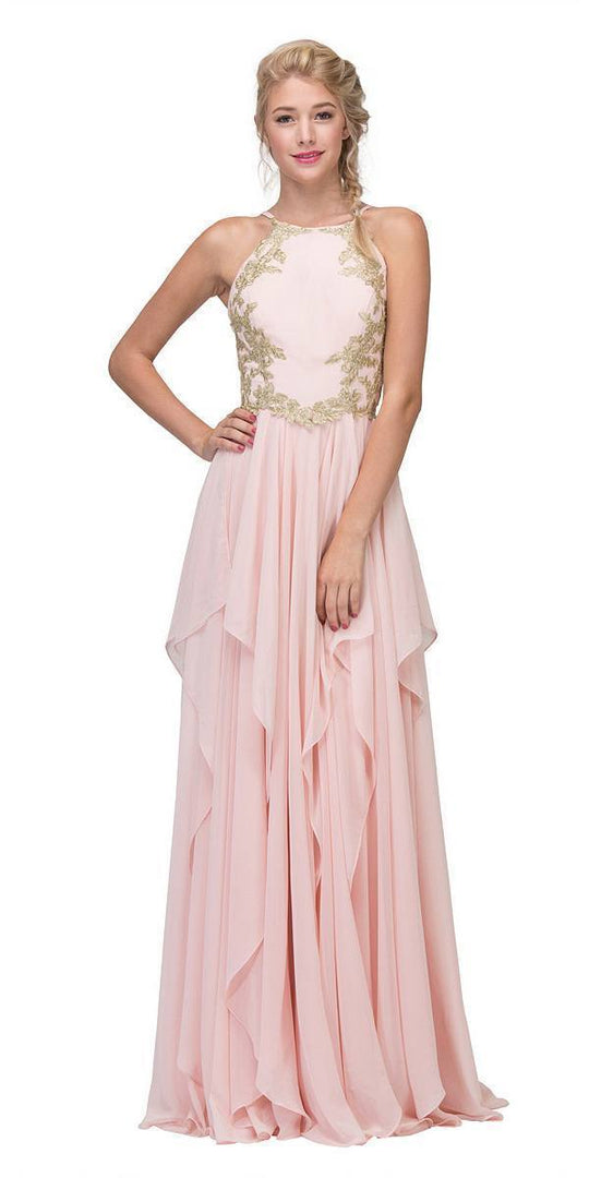 Eureka Fashion - 6036 Appliqued Halter Asymmetrical Cascade Gown In Pink