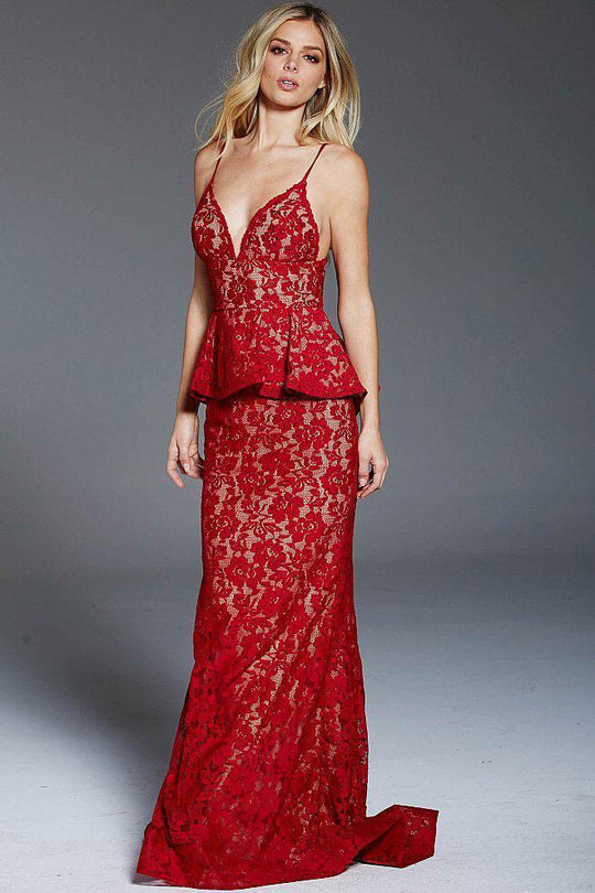 60360 Beaded Lace Deep V-neck Sheath Dress