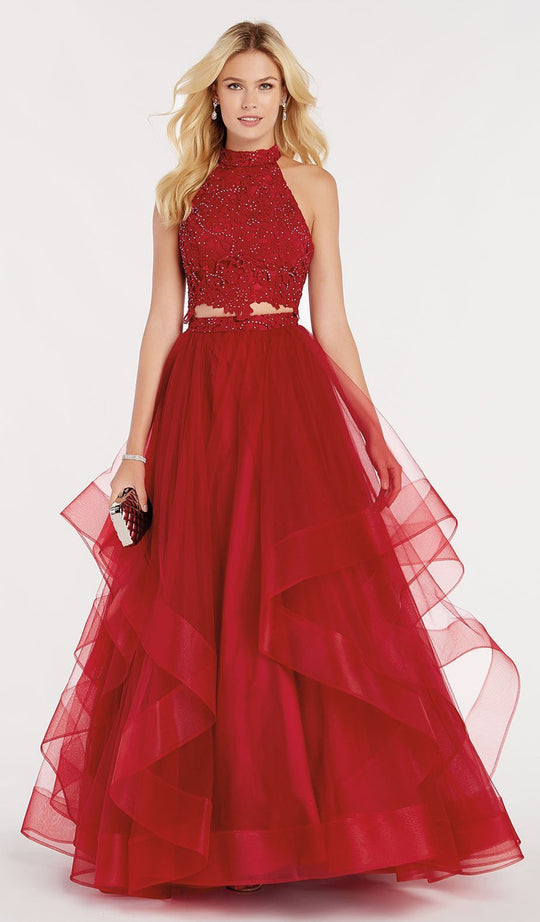 Alyce Paris - 60365 Two Piece Lace and Tulle Sexy Back Ballgown In Red