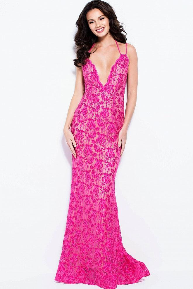 60367 Lace Deep V-neck Sheath Dress