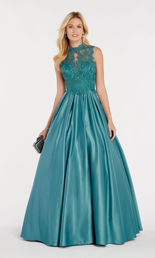 Alyce Paris - 60368 Sleeveless Lace Applique Bodice Satin Gown In Green