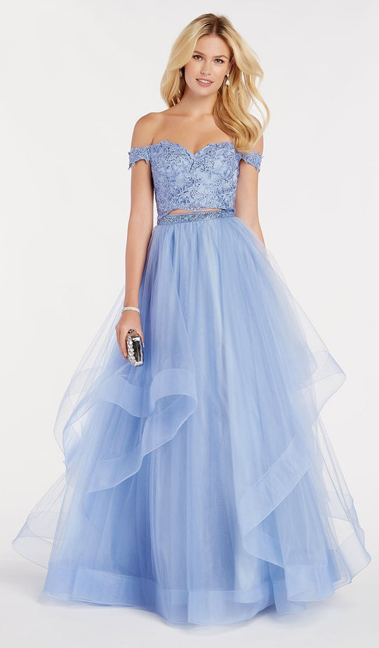 Alyce Paris - 60373 Off Shoulder Beaded Lace Top Tulle Prom Dress In Blue